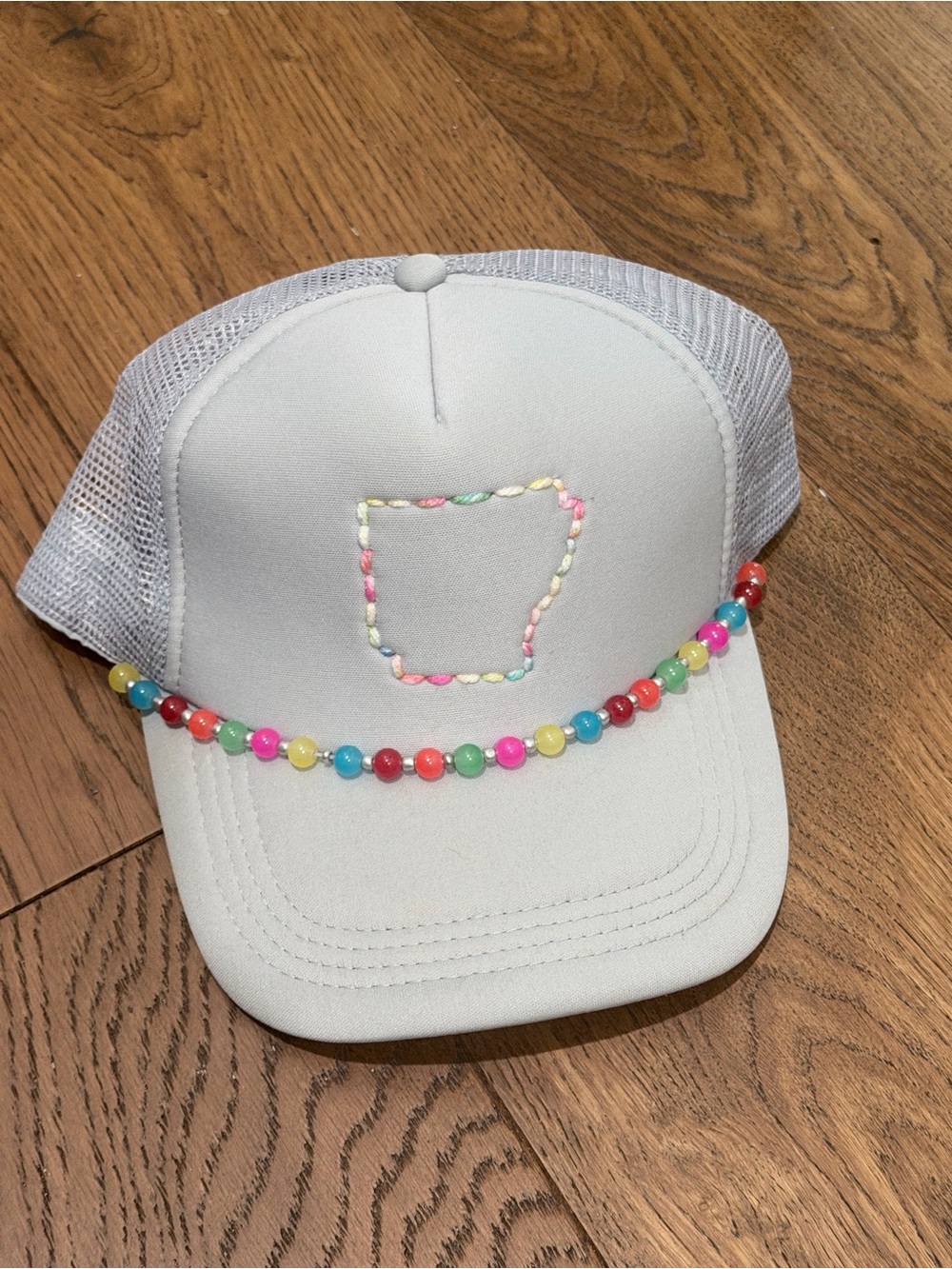 Grey Trucker Hat with Multicolor Bead Detail